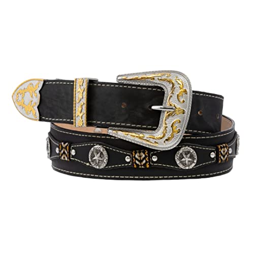 El Presidente Mens Black Concho Western Cowboy Leather Belt Silver Buckle