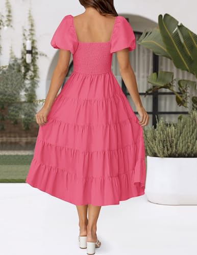 Image of ZESICA Women's 2026 Summer Puff Sleeve Midi Dress 2026 Boho Solid High Waist Flowy Beach Wedding Guest Long Dresses