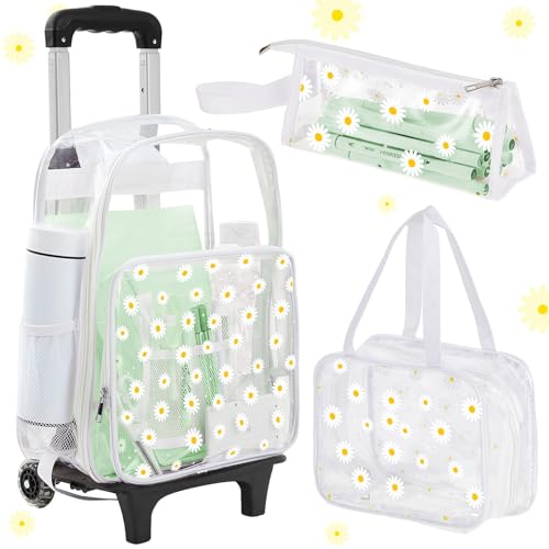 Eccliy 3 Pcs Daisy Rolling Clear Backpack for Girl with Wheels Stadium Approved Backpacks Clear Backpack and Lunch Box