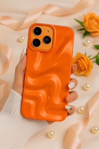 Image of COVERLY Orange Sparkle Swirl Back Case Cover for iPhone 12 Pro | Hot Minimalist Faux Wave Cute Design | Water Wrinkle Glitter | Silicone Aesthetic Glossy Cover for Girls & Women (Orange, Shockproof)