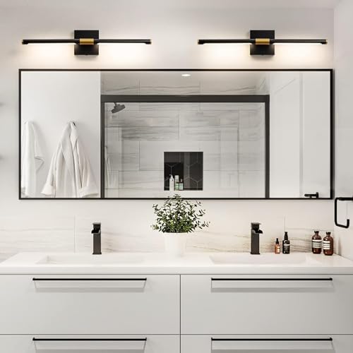 Image of 24 inch Morden LED Bathroom Vanity Light Fixtures, Black and Gold Bathroom Vanity Light Bar Over Mirror, Wall Sconces Lighting 4000K, Sconces Wall Lighting with Adjustable Lamp Tube