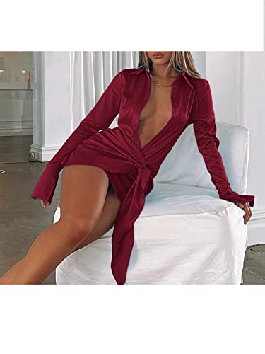 Image of LYANER Women's Stain Deep V Neck Button Down Tie Front Long Sleeve Mini Short Dress