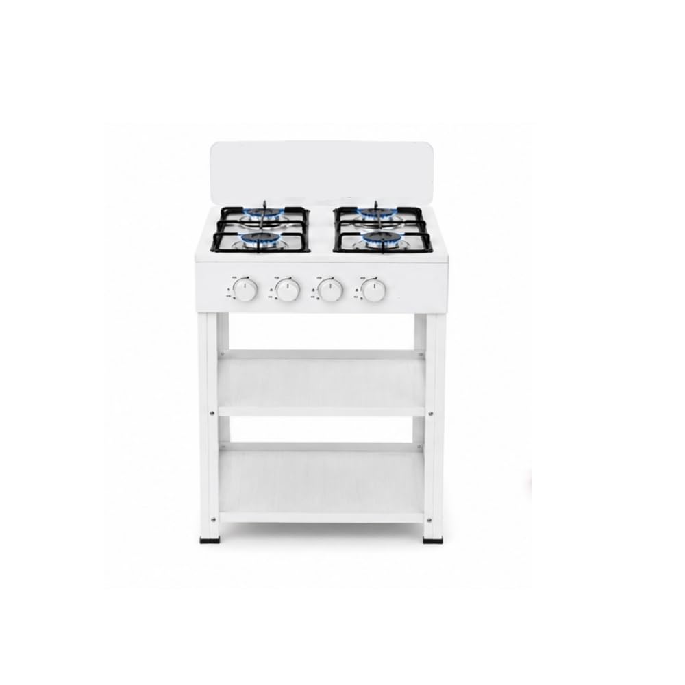 GrecoShop Fornello a Gas White 4 Fuochi con Supporto e Ripiani Laterali, Cucina a Gas in Acciaio, Piano Cottura 4 Bruciatori ad Alta Potenza, Salvaspazio per Interni, Esterni, Campeggio e Giardino