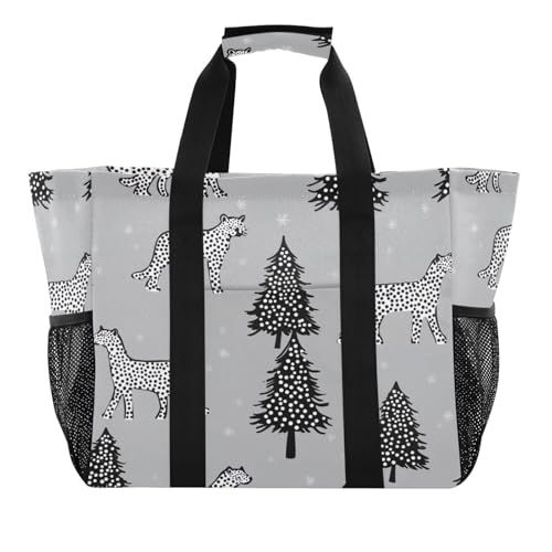Nander Spotted Leopard and Christmas Tree Foldable Tote Bag Waterproof Sandproof Women Beach Bag Handbag Gym Bag Travel Shopping Bag