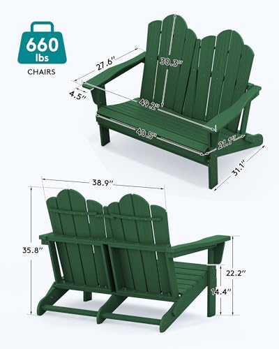Image of SERWALL Folding Adirondack Bench, HDPE All-Weather Adirondack Loveseat, 660 lbs Capacity, Foldable Outdoor Patio Bench for Deck, Lawn, Garden, Green