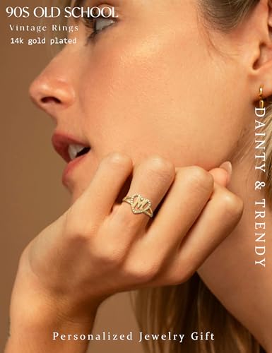 Image of RLMOON Gold Initial Rings for Women Non Tarnish 14K Gold Plated Vintage Heart Thumb Rings Personalized Carved Letter Statement Stackable Rings Size 6-10 Jewelry Gifts