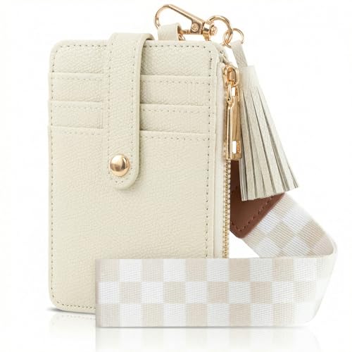Stylish Wristlet Keychain Wallet for Women - Slim Design Credit Card Holder w/ Plenty of Storage incl. Clear ID Window & Zipper Pocket - Easy Carry RFID Blocking Wallet w/ Tassel Lanyard & Gold Rings