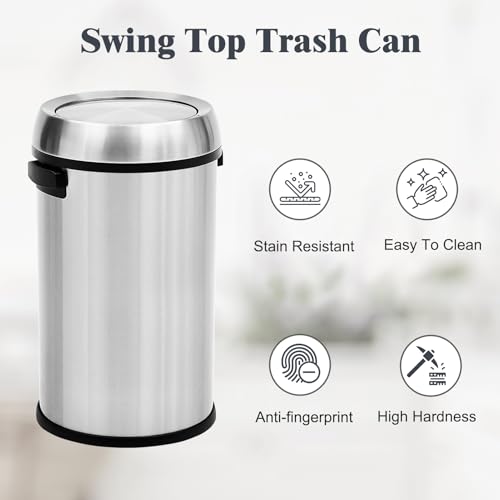 Image of 17 Gallon /65 Liter Stainless Steel Swing Top Trash Can, Heavy Duty Round Trash Bin with Swing Lid, Commercial Large Garbage Can, Ideal for Kitchen, Restaurant, Office, Silver