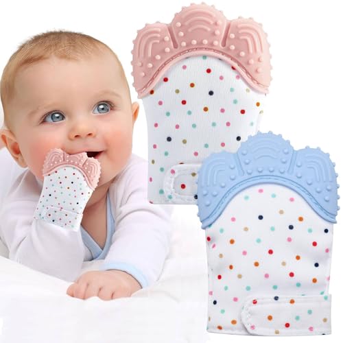 2 Pack Baby Mittens Teething Relief, Baby Teething Toys 3-6 Months, Soothing Infant Mitten Pain Relief, Prevent Scratches Glove, Safe Silicone Baby Teether Toys for 0-12 Months Blue Pink