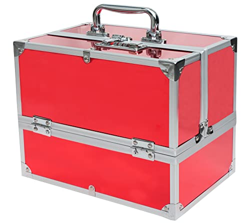 Image of Adson Professional Beauty Make Up Cosmetic Vanity Box /Case 6 Trays With Mirror (Diamond Cut Red)