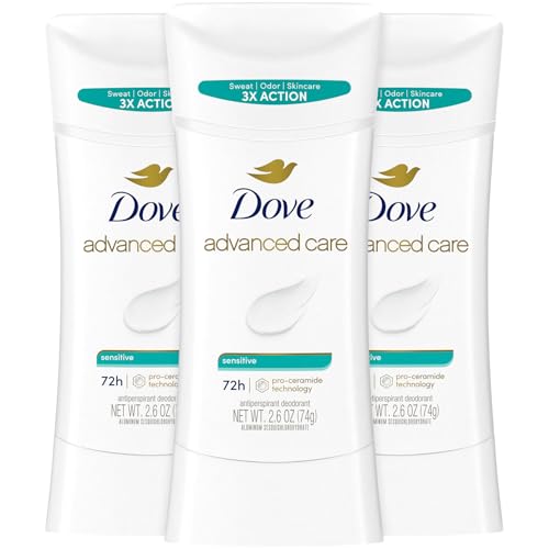 Image of Dove Advanced Care Antiperspirant Deodorant, Sensitive, Unscented 3-Pack - 72 Hours of Odor & All Day Wetness Protection, 2.6 Oz Ea
