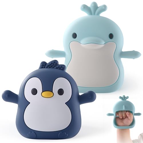 Image of Baby Teething Toys for 3-6 Months Silicone Teething Mittens for Babies Food Grade Silicone Teether (Dolphin+Black Penguin)