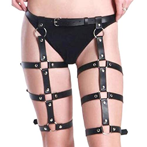 Fstrend Punk Leather Waist Chain Black Sexy Harness Belt Belly Chains Nightclub Party Prom Rave Leg Thigh Body Chian Jewelry Accessories for Women and Girls