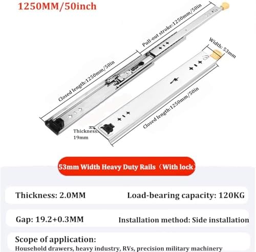 Heavy Duty Drawer Slides,1 Pair of 250LB Full Extension Side Mount Ball Bearing Drawer Rails with Lock for Tool Box Glides Furniture Cabinet Drawer Runners(1350mm/54inch)