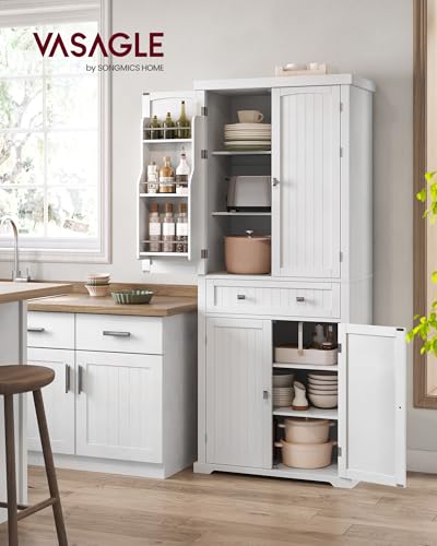 VASAGLE Credenza Cucina, 40 x 76 x 182,1 cm, Mobile Dispensa Cucina con Scomparto, Mobiletto Cucina con Cassetto, Ripiani Regolabili, 6 Ripiani su Ante, Soggiorno, Bianco BBC561W21 - immagine 3