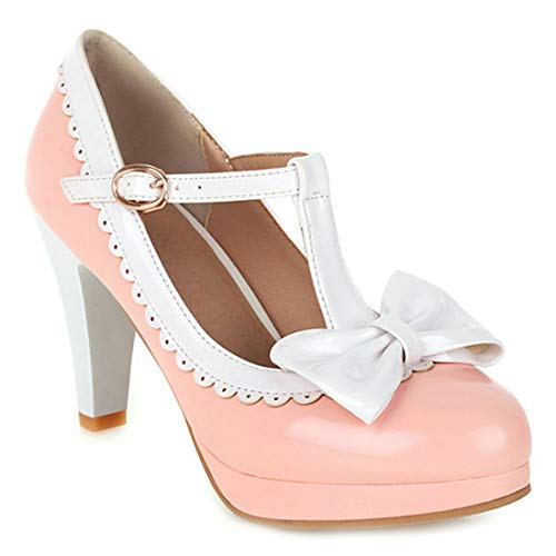 VOKLIN Women's Girls Lolita Platform T-Strap Mary Jane Pumps Ankle Strap High Heels Bow Oxford Dress Shoes