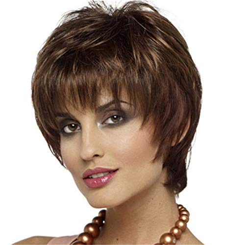 DUTISON Wig, Short Natural Brown Wigs Heat Resistant Synthetic Daily Party Human Hair Wig for Women (Brown)