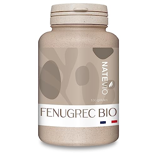 NATEVIO - Fenugrec Bio - Poudre de graines 1280 mg - 100% Naturel - Pilulier de 180 gélules - Vitamine allaitement - Ménopause - Fenugrec poitrine - Fabriqué en France - Certifié Bio