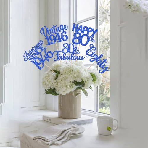 Image of 15 PCS 80th Birthday Centerpiece Sticks Eighty Happy 80 Vintage 1946 Table Flower Centerpieces Sticks Cheers to 80 Fabulous Floral Decorations for 80th Birthday Party Supplies Blue