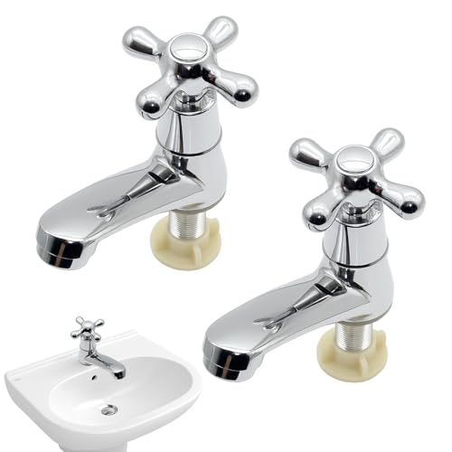 Traditional Basin Taps Pair 2 pcs Bathroom Taps Solid Brass Tap for Bathroom Basin Polished Sink Mixer Pillar Tap Victorian Style Cross Lever Design for Wash Basins