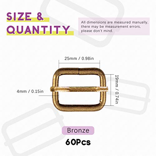 Swpeet 60Pcs 1 Inch / 25Mm Bronze Heavy Duty Metal Rings Metal Rectangle Adjuster Triglides Slides Buckle, Roller Pin Buckles Slider Strap Adjuster Keychains For Belt Bags Diy Accessories #TOP1