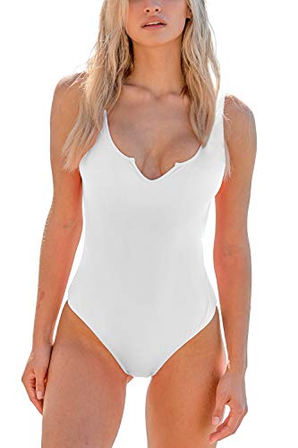 MELYUM Sport One Piece Swimsuit for Women High Cut Tummy Control Bathing Suits Low Back V Neck Swimwear White