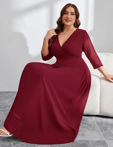 Image of ZOMVA Plus Size Maxi Formal Dress Lace Chiffon Floral V-Neck Wrap Wedding Guest Evening Gown Cocktail Prom 3 /4 Sleeves