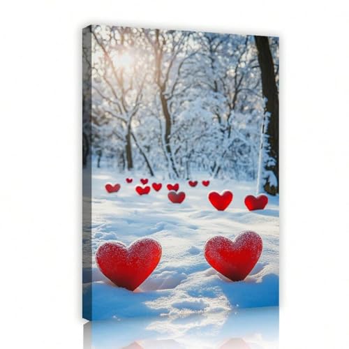 Cœur d'amour rouge enneigé affiche cadeau romantique pour salon et chambre