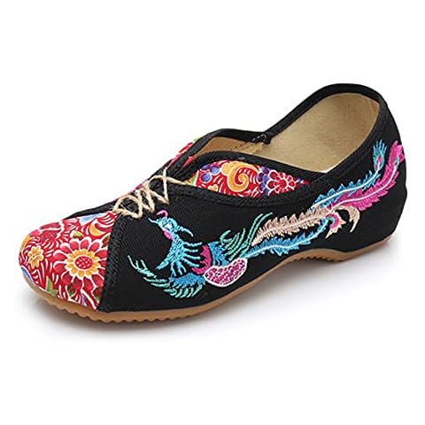 BININBOX Women's Handmade Flower Embroidered Shoes Women Ballerina Mary Jane Flat Ballet Cotton Loafer Ladies Casual Style Comfortable Soft Canvas Shoes(8 B(M) US,Black) Cover