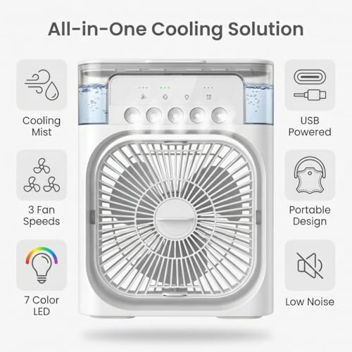 Image of Portable Mini Air Cooler Fan with Water Spray | 7 Color LED Light | 3 Speed Personal Cooling Fan with Timer | USB Compact Table Cooler for Home Office Travel