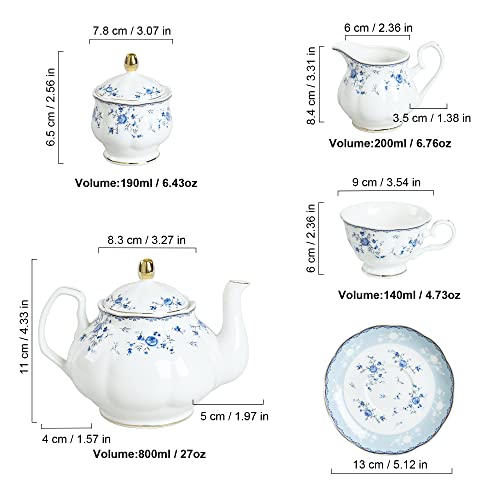 fanquare 15 Piece Blue Rose Porcelain Tea Set, British Floral Teapot with Tea Cups, Women Tea Party Set for 6