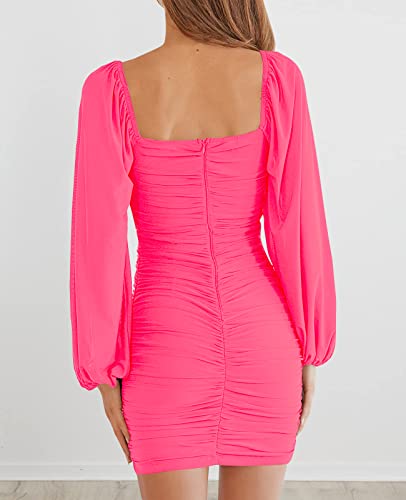 Image of MEROKEETY Women Square Neck Lantern Long Sleeve Mesh Ruched Bodycon Clubwear Mini Dress