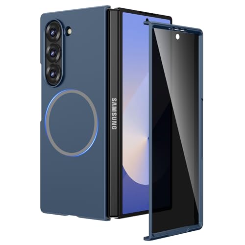 Ruky Slim Case for Samsung Galaxy Z Fold 6, Hard PC Protective Cover with Built-in Privacy Screen Protector, [Compatible with MagSafe] Phone Case for Samsung Galaxy Z Fold 6 5G, Blue