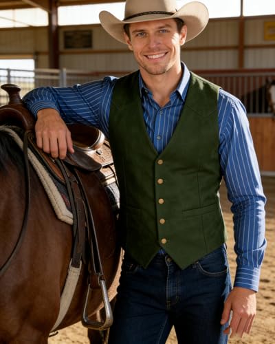 Image of Bakerbear Retro Casual Men's Cowboy Vest Western Suede Leather Waistcoat | vintage classic, v-neck, welt pockets, exquisite button, comfortable,bussiness work, wedding dress vests, prom christmas