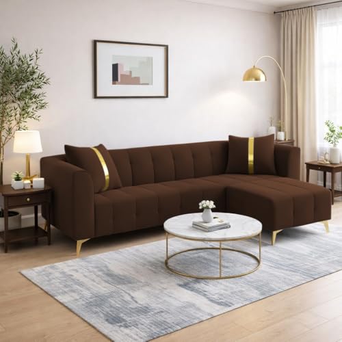 Image of Adorn India Premium Mystic - 3 Years Warranty - L Shape 4 Seater Sofa Set Velvet Suede Fabric - Brown