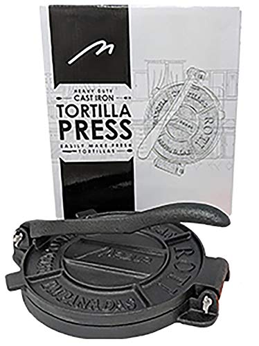Heavy Duty Pre-seasoned Cast Iron 10 Inches Maquina Tortilla Press Maker Roti Pita Pataconera with 100 parchment paper. Free Replacement, If Damaged in 30 Days