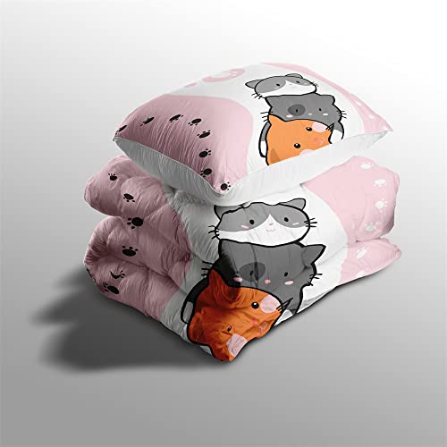Cartoon Cat Comforter Sets 2 Piece Twin Bed Set - Includes 1 Comforter & 1 Pillow Cases For Kids- All-Season Cat Bedding Perfect Room Decor For Teens, Boys And Girls - Pink #TOP3