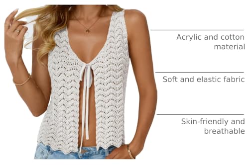 Image of LILLUSORY Crochet Tops for Women Summer Vacation Beach Outfits | Tie Front Going Out Tops, Beach Coverup, Breathable Hollow-out Knit, Perfect for Beach, Music Fest, Vacation