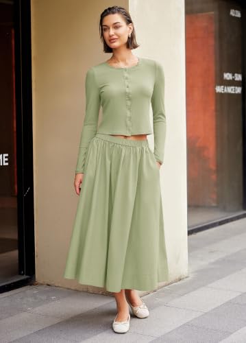 Image of Panadila Womens 2 Piece Lounge Sets Matching Vacation Outfits Ribbed Button Down Cardigan and Elastic Waist Skirt Sets