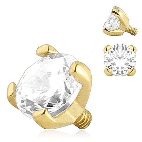 Body Accentz Prong Setting Gem 14 Karat Solid Yellow Gold Dermal Top Internally Threaded Per Piece 3Mm #TOP19