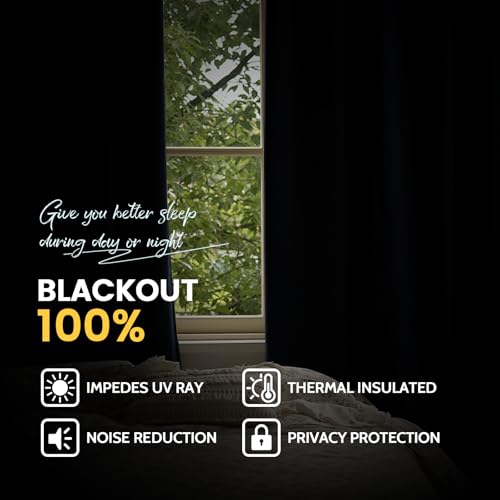 Image of Yakamok Navy Blue 100% Blackout Curtains 84 Inches Long 50 inch Wide, 2 Panels | Blackout Curtain Panels for Bedroom, 2 Thick Layers Grommet Top Thermal Insulated Drapes with White Back for Living Room