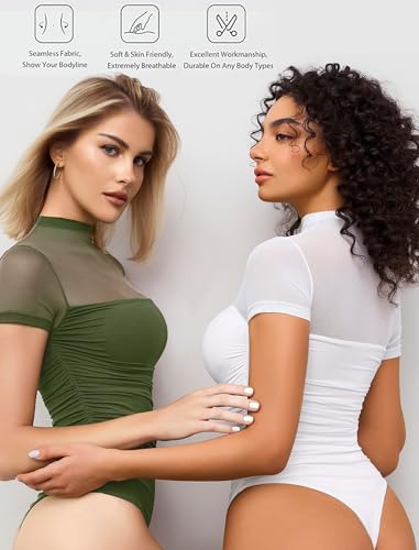 Image of Avidlove Women's Short Sleeve Bodysuit Turtle Neck Body Suits Mesh One Piece Leotard Going Out Tops Date Outfits