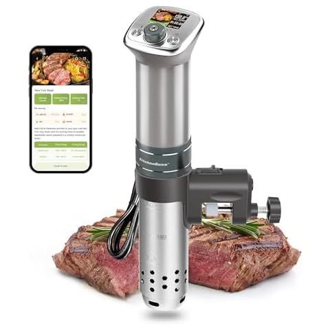 KitchenBoss Wifi Sous Vide Cooker: Ultra-quiet Sous Vide Machine Built-in Color Display Recipes Waterproof, 1100 Watts Sous Vide Immersion Circulator Precision Cooker Magnetic Knob APP Control, Silver Cover