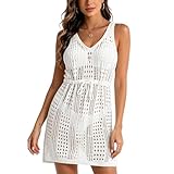 Mayoii Women's Crochet Beach Cover Up, V Neck Hollow Out with Drawstring Waist for Beachwear, Knit Beach Dress for Summer Holiday (White)