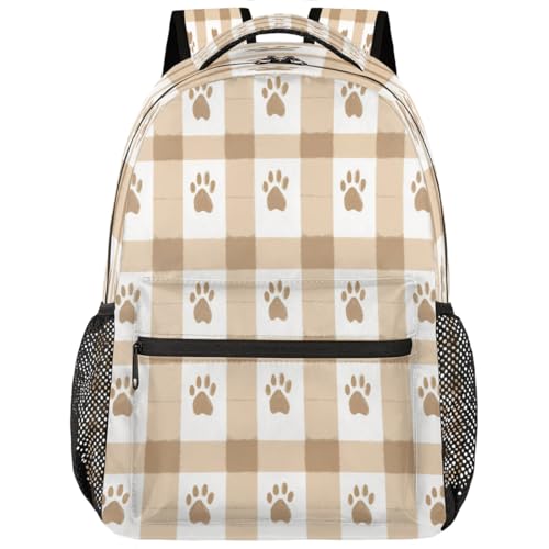 Brown White Checkered Paws Kids Backpack, Lightweight School Bookbag Large Capacity Laptop Backpack Water Resistant Daypack Shoulder Bag for Teenager Boys Girls