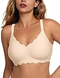 comfelie reggiseno senza cuciture senza ferretto da donna senza ferretto copertura completa scollo a v profondo con bordo in pizzo posteriore a forma di u, beige, s