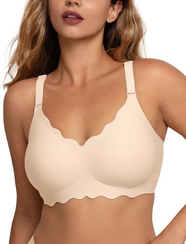 COMFELIE Seamless Wireless T-Shirt Bra for Women, Full Coverage No Underwire with Deep V Neck, U-Back & Lace Trim
