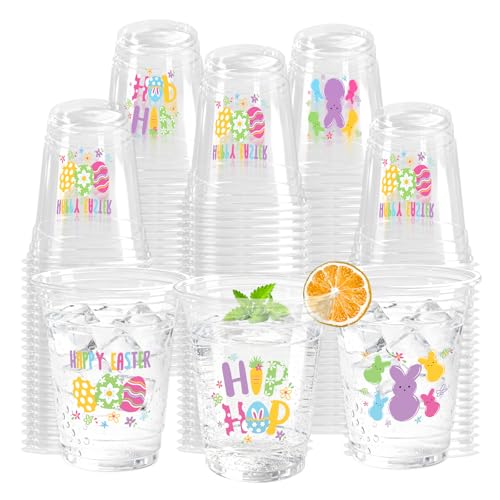 KOPOOEOE 100 Pcs Happy Easter Plastic Cups 12 Oz Rabbit Bunny Eggs Disposable Clear Party Cups for Spring Easter Party Decoration Supplies Cold Drinking Beverage Ice Cream Snacks