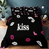 Genérico Edredón 4 Estaciones Elegante Romántico Labios Corazón, Edredón Nórdico Reversible Negro Sin Funda Suave Ligero - Juego de Cama Lavable a Máquina 220 x 240 cm + 2 Fundas de Almohada