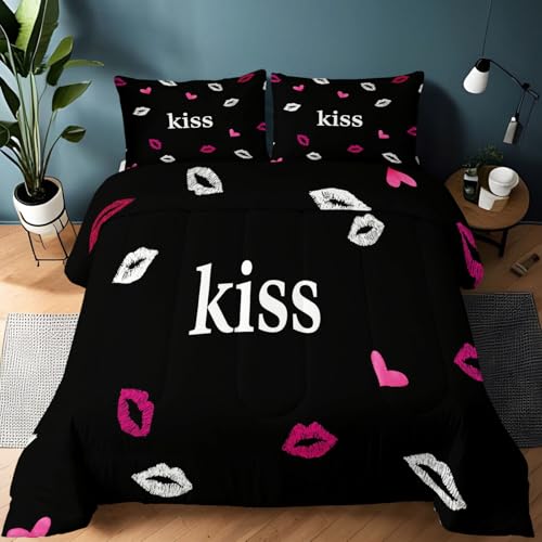 Valentinstag Bettdecke 135 x 200 cm, 4 Jahreszeiten Antiallergisch Steppdecke mit Kissenbezug 80 x 80 cm Warme Atmungsaktiv Romantisch Rosa Lippen Buchstaben Bettdecke Waschbar Ganzjahresdecke
